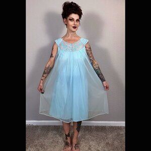 60s Bright Blue Babydoll Double Layer Lingerie Embroidered Floral Mod Pinup M L